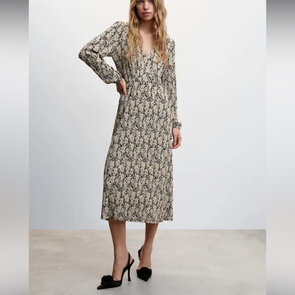 Mango Beige and Black Midi Dress with Floral Print